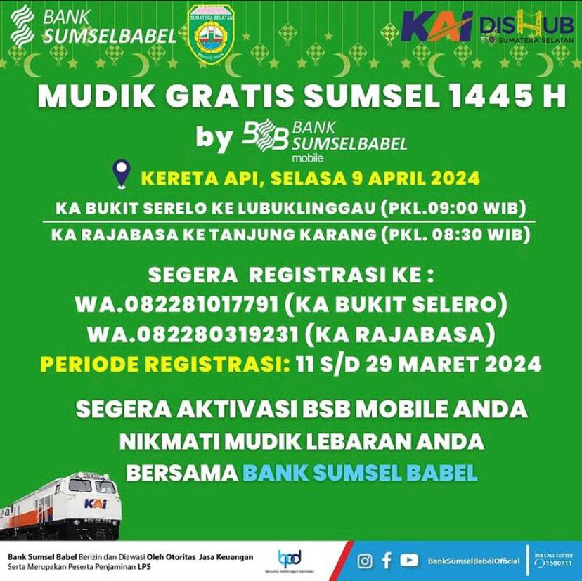 Mudik Gratis Sumsel 1445 H dari Bank Sumsel Babel